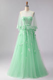 Green A-Line Corset Tulle Appliqued Convertible Long Ball Dress