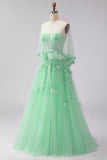 Green A-Line Corset Tulle Appliqued Convertible Long Ball Dress