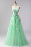 Green A-Line Corset Tulle Appliqued Convertible Long Ball Dress