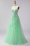 Green A-Line Corset Tulle Appliqued Convertible Long Ball Dress