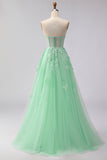 Green A-Line Corset Tulle Appliqued Convertible Long Ball Dress