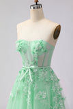 Green A-Line Corset Tulle Appliqued Convertible Long Ball Dress
