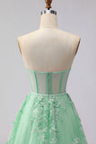 Green A-Line Corset Tulle Appliqued Convertible Long Ball Dress