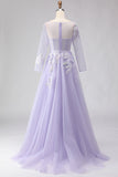Lilac A Line Corset Appliqued Tulle Long Ball Dress with Long Sleeves