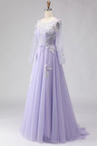 Lilac A Line Corset Appliqued Tulle Long Ball Dress with Long Sleeves