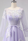 Lilac A Line Corset Appliqued Tulle Long Ball Dress with Long Sleeves