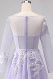 Lilac A Line Corset Appliqued Tulle Long Ball Dress with Long Sleeves