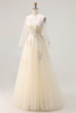 Lilac A Line Corset Appliqued Tulle Long Ball Dress with Long Sleeves
