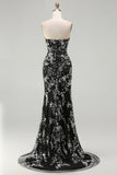 Black Mermaid Strapless Appliqued Long Ball Dress with Beading