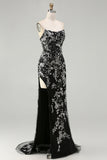 Black Mermaid Strapless Appliqued Long Ball Dress with Beading