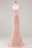 Blush Mermaid Sweetheart Corset Sequin Long Ball Dress with Beading