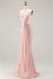 Blush Mermaid Sweetheart Corset Sequin Long Ball Dress with Beading
