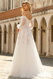 White A-Line Off The Shoulder Embroidered Tulle Long Ball Dress with Sequins