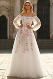 White A-Line Off The Shoulder Embroidered Tulle Long Ball Dress with Sequins
