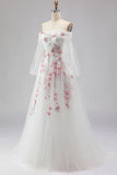 Off The Shoulder White A-Line Embroidered Tulle Long Prom Dress with Sequins