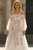 White A-Line Off The Shoulder Embroidered Tulle Long Ball Dress with Sequins