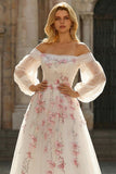 White A-Line Off The Shoulder Embroidered Tulle Long Ball Dress with Sequins