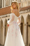 White A-Line Off The Shoulder Embroidered Tulle Long Ball Dress with Sequins