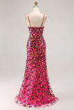 Fuchsia Leopard Mermaid Sequins Spaghetti Straps Long Prom Dress With Slit