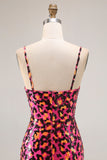 Fuchsia Leopard Mermaid Sequins Spaghetti Straps Long Prom Dress With Slit