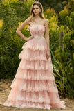 Lilac A Line Strapless Sequin Corset Tiered Ruffle Long Ball Dress with Slit