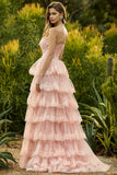 Lilac A Line Strapless Sequin Corset Tiered Ruffle Long Ball Dress with Slit
