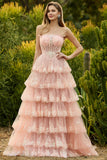 Lilac A Line Strapless Sequin Corset Tiered Ruffle Long Ball Dress with Slit