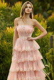 Lilac A Line Strapless Sequin Corset Tiered Ruffle Long Ball Dress with Slit