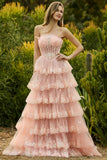 Lilac A Line Strapless Sequin Corset Tiered Ruffle Long Ball Dress with Slit
