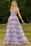 Lilac A Line Strapless Sequin Corset Tiered Ruffle Long Ball Dress with Slit