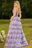 Lilac A Line Strapless Sequin Corset Tiered Ruffle Long Ball Dress with Slit