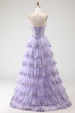 Lilac Strapless A Line Sequins Corset Tiered Ruffle Long Ball Dress with Slit