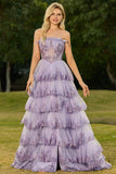 Lilac A Line Strapless Sequin Corset Tiered Ruffle Long Ball Dress with Slit