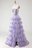 Lilac Strapless A Line Sequins Corset Tiered Ruffle Long Ball Dress with Slit