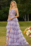 Lilac A Line Strapless Sequin Corset Tiered Ruffle Long Ball Dress with Slit