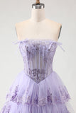 Lilac Strapless A Line Sequins Corset Tiered Ruffle Long Ball Dress with Slit