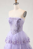 Lilac Strapless A Line Sequins Corset Tiered Ruffle Long Ball Dress with Slit