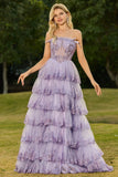 Lilac A Line Strapless Sequin Corset Tiered Ruffle Long Ball Dress with Slit
