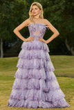 Lilac A Line Strapless Sequin Corset Tiered Ruffle Long Ball Dress with Slit