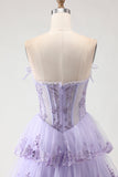 Lilac Strapless A Line Sequins Corset Tiered Ruffle Long Ball Dress with Slit