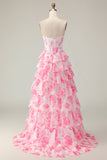 White Pink Flower A Line Sweetheart Tiered Corset Sequin Long Ball Dress with Slit