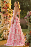 White Pink Flower A Line Sweetheart Tiered Corset Sequin Long Ball Dress with Slit