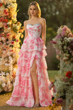 White Pink Flower A Line Sweetheart Tiered Corset Sequin Long Ball Dress with Slit