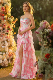 White Pink Flower A Line Sweetheart Tiered Corset Sequin Long Ball Dress with Slit