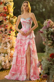 White Pink Flower A Line Sweetheart Tiered Corset Sequin Long Ball Dress with Slit