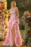 White Pink Flower A Line Sweetheart Tiered Corset Sequin Long Ball Dress with Slit