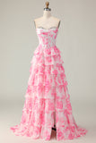 White Pink Flower A Line Sweetheart Tiered Corset Sequin Long Ball Dress with Slit
