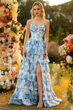 White Blue Floral A Line Strapless Corset Tiered Ruffle Long Ball Dress with Slit
