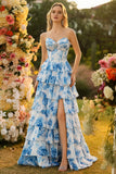 White Blue Floral A Line Strapless Corset Tiered Ruffle Long Ball Dress with Slit