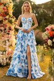 White Blue Floral A Line Strapless Corset Tiered Ruffle Long Ball Dress with Slit